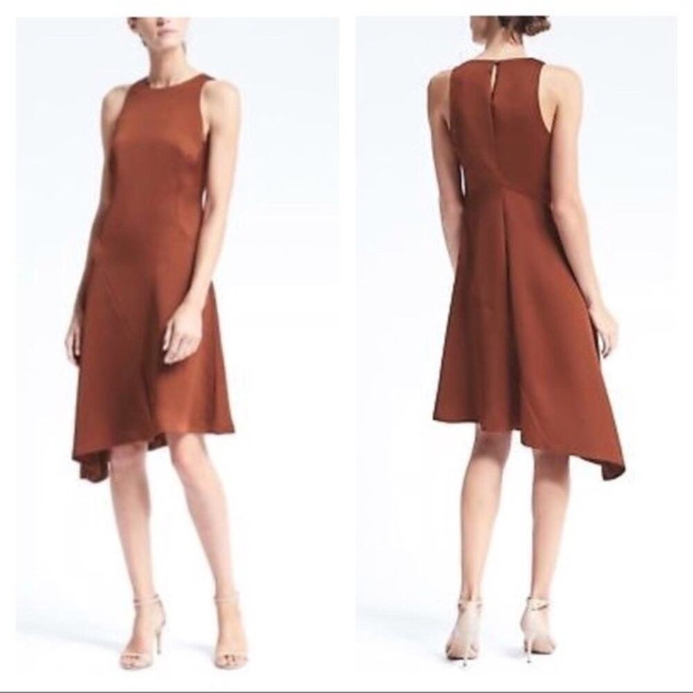 Banana Republic Bias‎ Cut Midi Dress 10 Rust Mesquite Wood UEC Asymmetric Hem